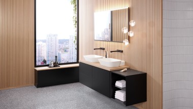 Ванная комната Geberit с деревянными панелями