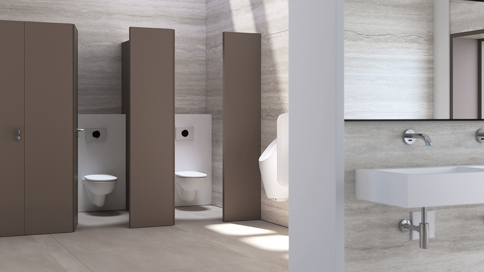 Публичные туалеты Geberit с пуссуарами и клавишами смыва