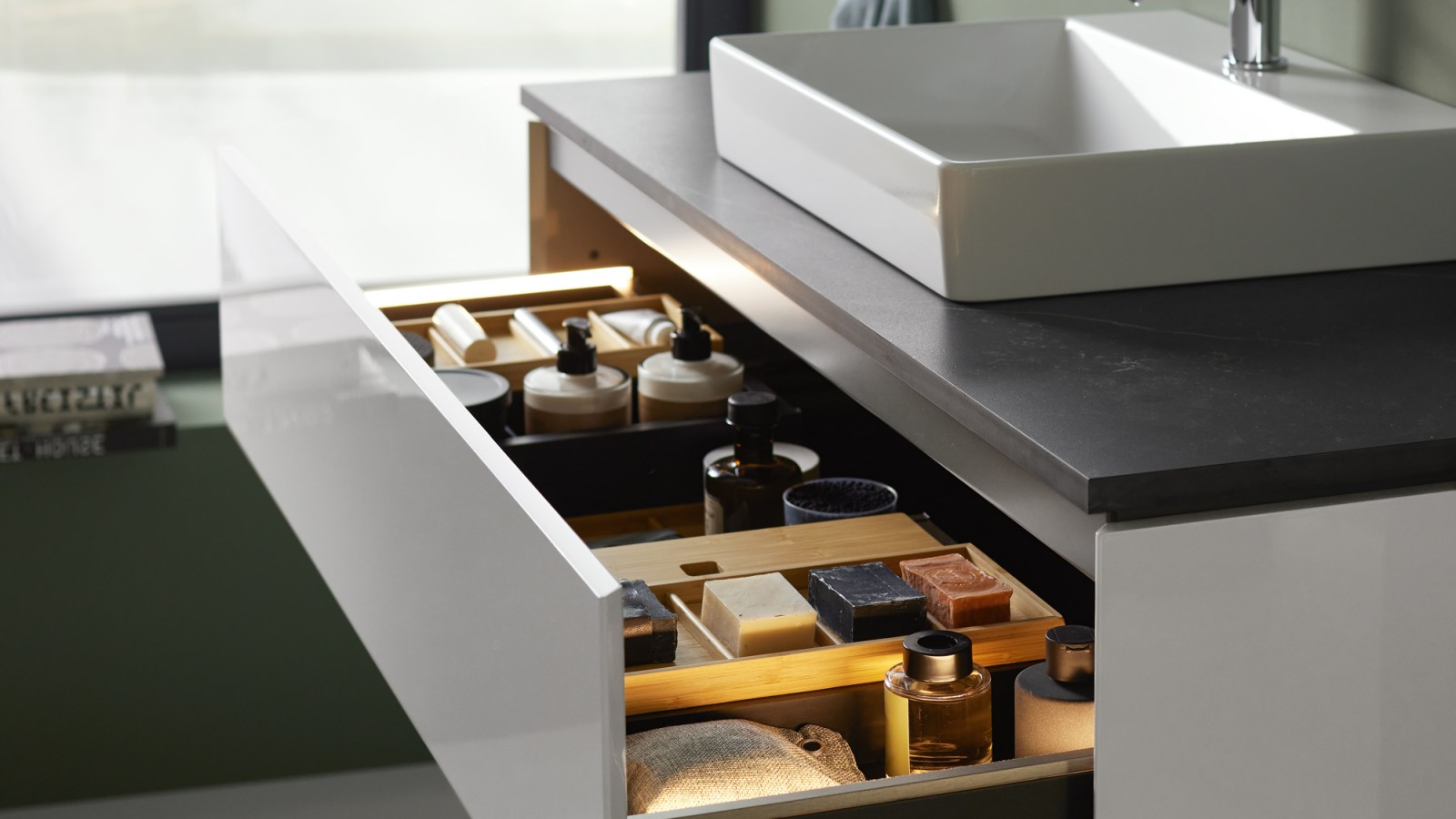 Open Geberit ONE washbasin cabinet with handle-free drawer Open Geberit ONE washbasin cabinet with handle-free drawer