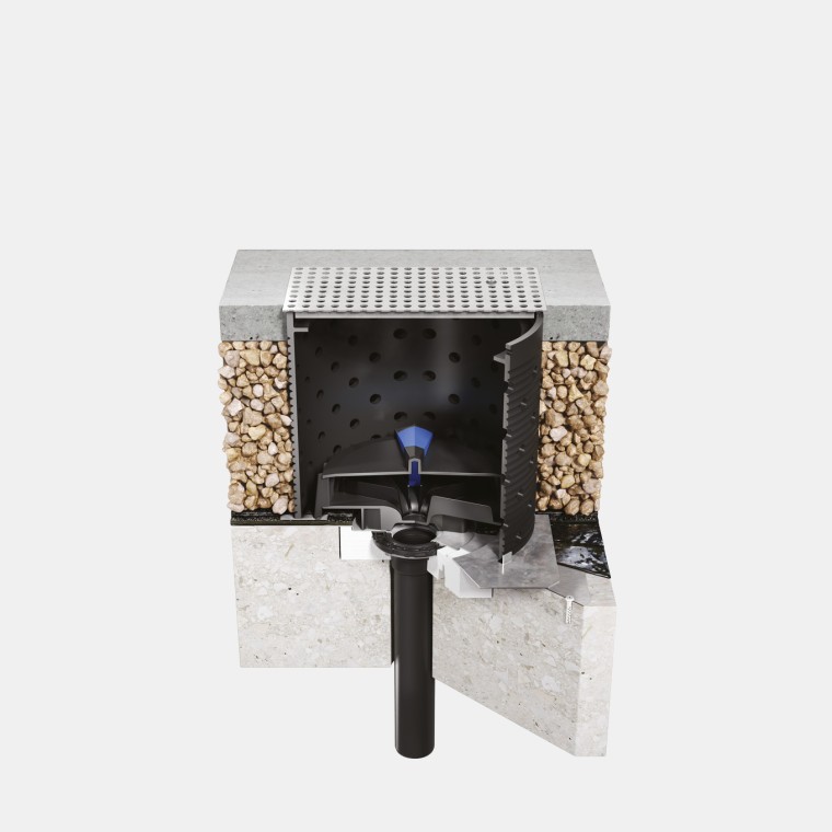 Пирог эксплуатируемой кровли с битумным слоем и воронкой Geberit Pluvia