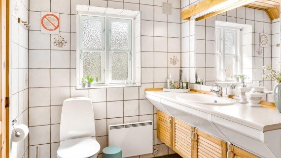 Original bathroom with floor-standing WC, white tiles and wooden bathroom furniture (© @triner2 and @strandparken3)