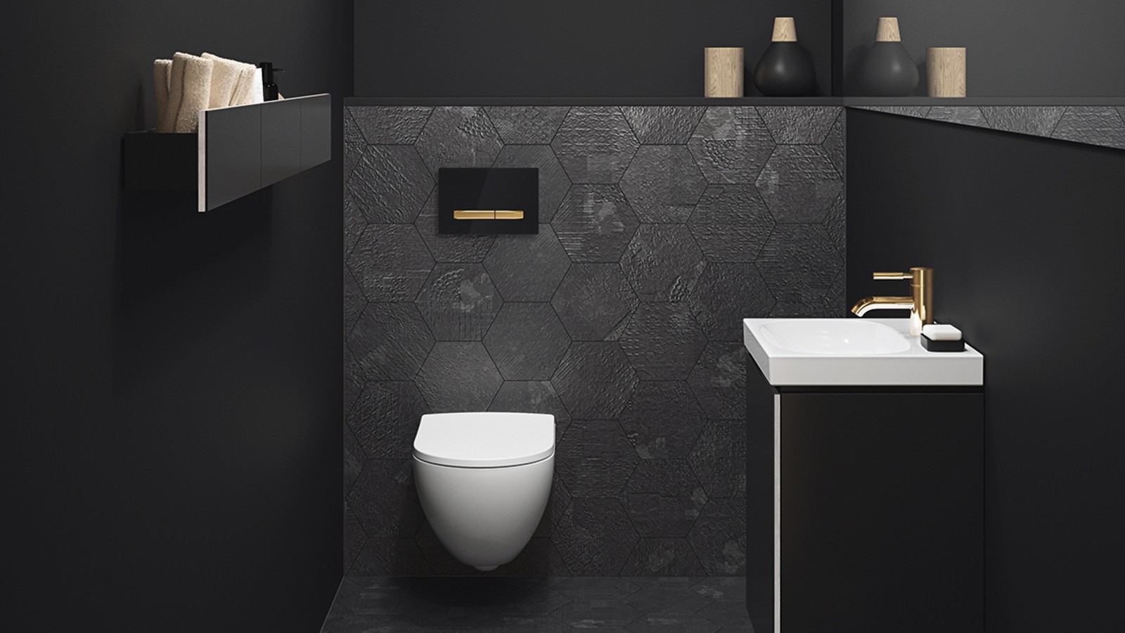 Умывальник с черным смесителем, мебелью и аксессуарами для ванной комнаты. Умывальник с черным смесителем, мебелью и аксессуарами для ванной комнаты.