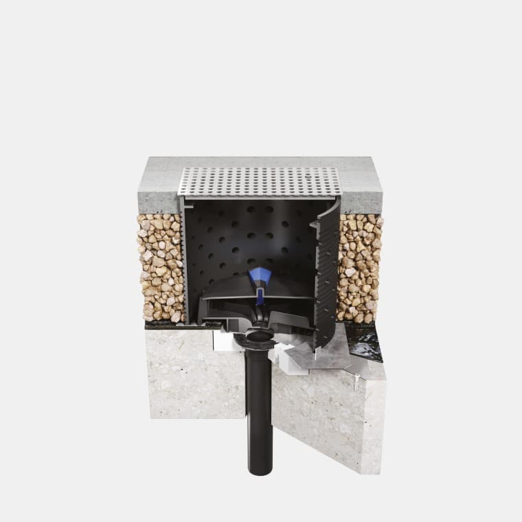 Пирог эксплуатируемой кровли с битумным слоем и воронкой Geberit Pluvia Пирог эксплуатируемой кровли с битумным слоем и воронкой Geberit Pluvia